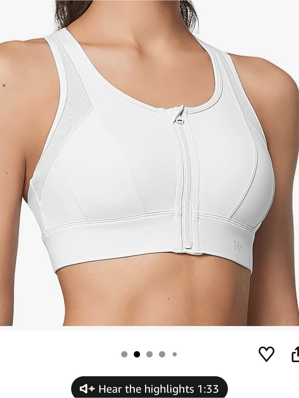 Front-Zip White Sports Bra with Supportive Racerback - Picture 3 of 4
